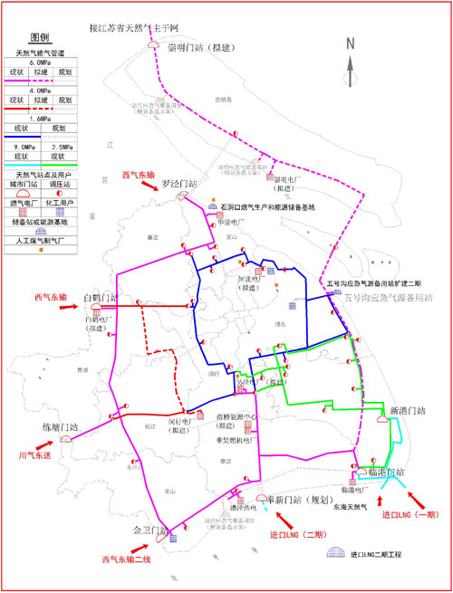 上海市天然氣主干管網和重點設施“十二五”規(guī)劃示意圖